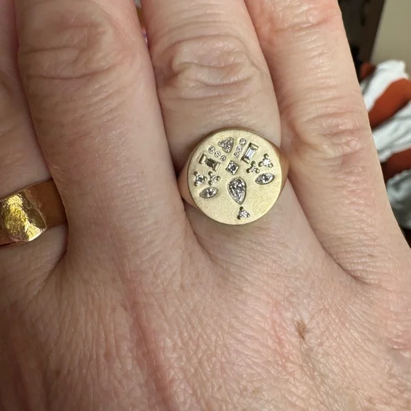 14K DIAMOND MOSAIC BRUSHED GOLD ROUND SIGNET RING - Picture 2 of 9